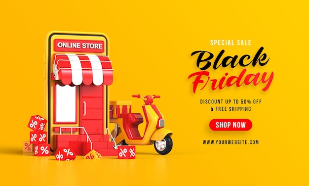 Black friday sale banner with Shopping store concept on mobile phone 3d rendering