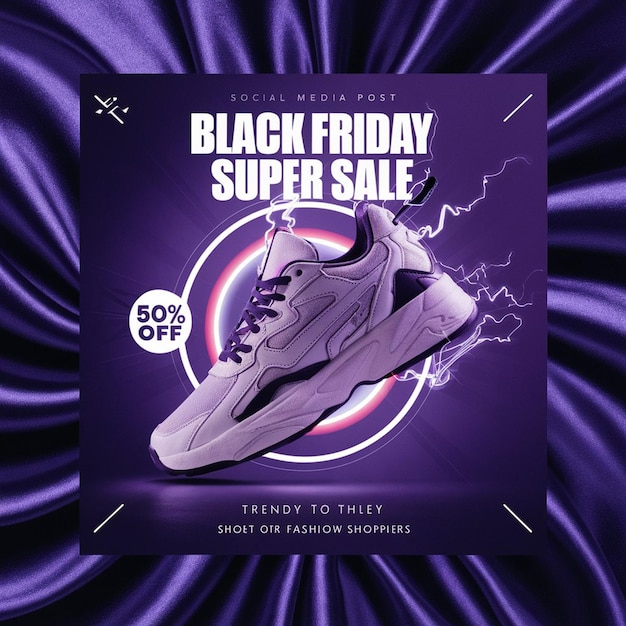 PSD a black friday sale poster with a purple background and a black shoe