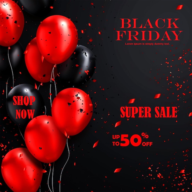 a black friday sale poster with a red golden ribbon and a black background