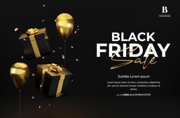 Black Friday Sale Realistic black gift boxes and gold balloon Background for banner poster