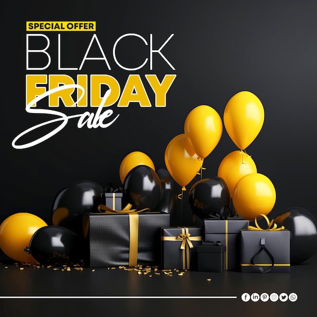 Black Friday sale social media banner design template with realistic balloons and gift box 2024