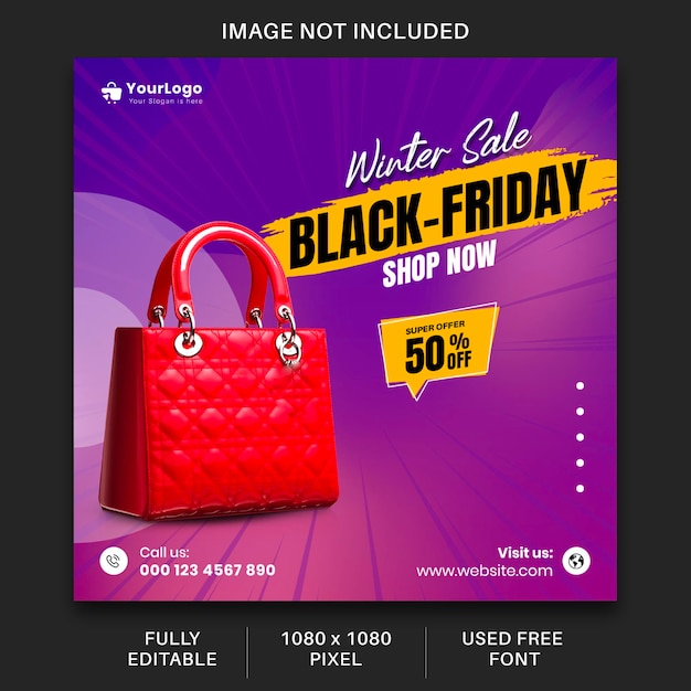 Black friday Sale Social media post Facebook Banner template blue abstract background red bag