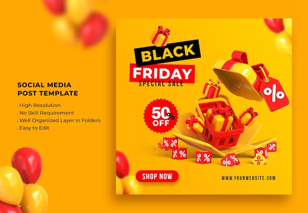 Black Friday Sale Social Media Post Template 3d Rendering