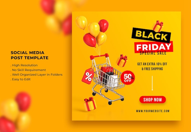 Black Friday Sale Social Media Post Template 3d Rendering