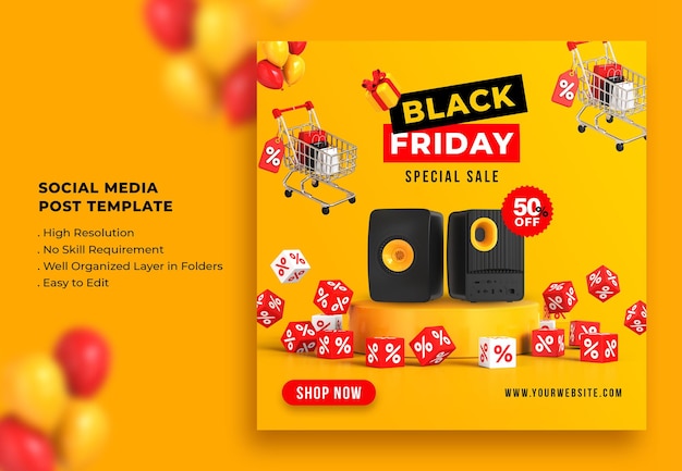 Black Friday Sale Social Media Post Template 3d Rendering