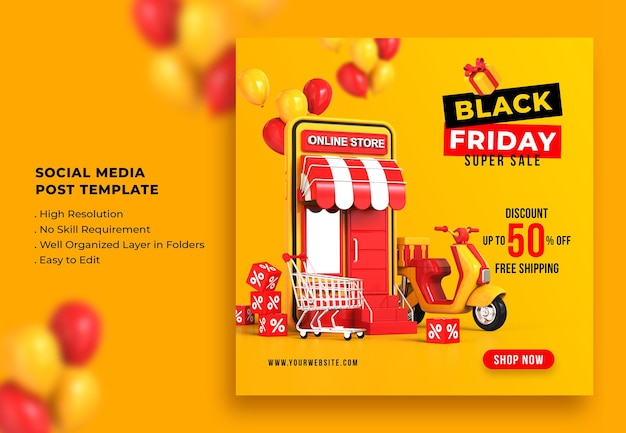 Black Friday Sale Social Media Post Template 3d Rendering