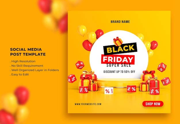 Black Friday Sale Social Media Post Template 3d Rendering