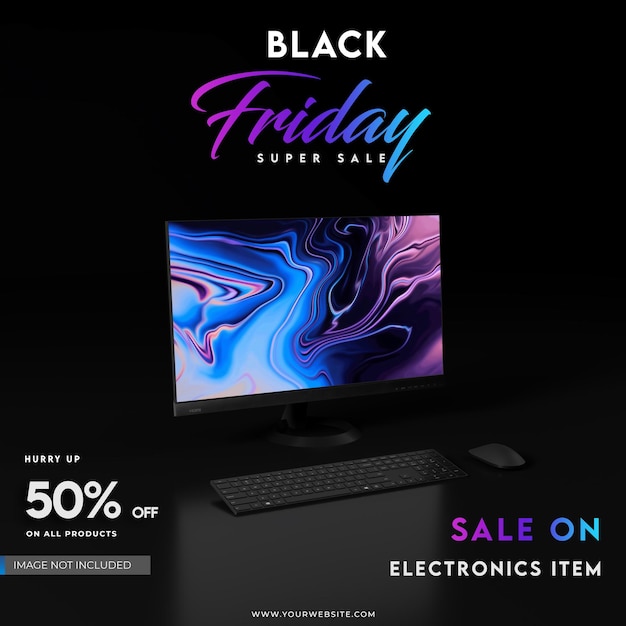 Black Friday Sale with Desktop and Dark background 3D Render