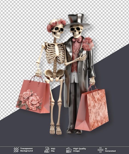 Black friday skeleton couple with shopping bag on transparent background