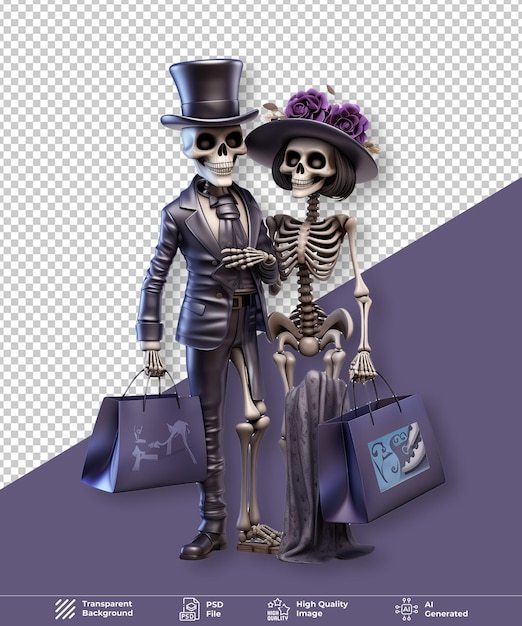 Black friday skeleton couple with shopping bag on transparent background