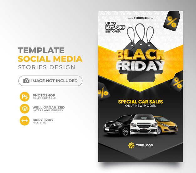 Black friday social media post in 3d render for design composition with 50 off offer