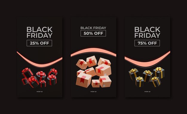 Black Friday social media story template with Packages 3D Rendering Illustration