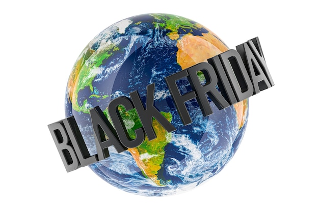 PSD black friday text around earth globe black friday concept 3d rendering isolated on transparent background