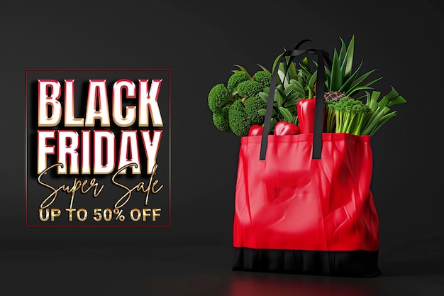 PSD black friday vegetable sale with a red shopping bag