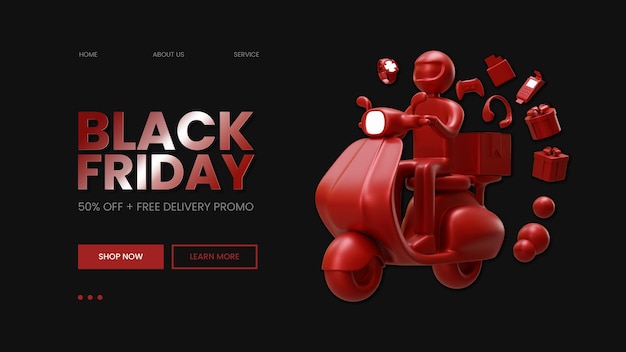 Black Friday web page template with courier on scooter delivering package 3d rendering illustration