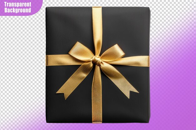 PSD black gift box with gold bow isolated on transparent background