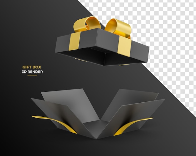 Black gift box with gold in opened 3d render with transparent background in different perspectives