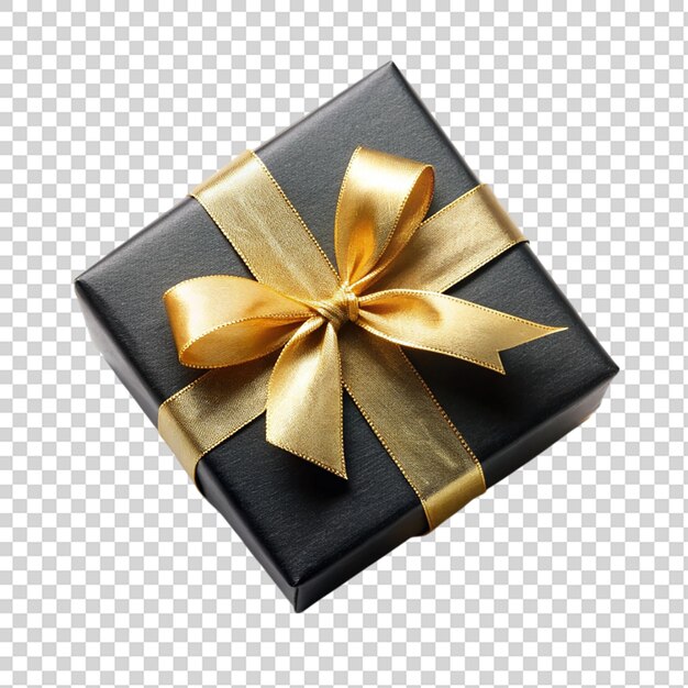 PSD black gift box with golden bow top view isolated on transparent background