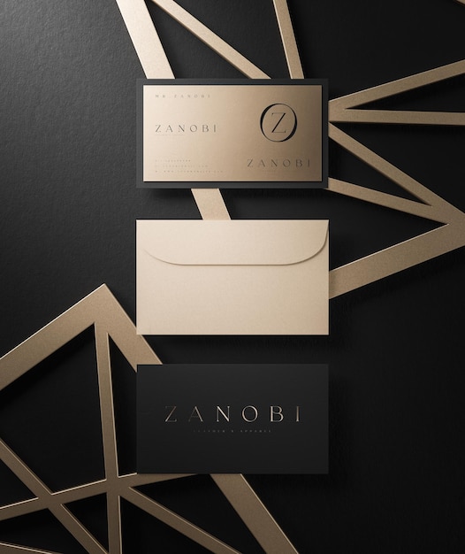 PSD black and gold business card and card holder mockup on black background 3d render