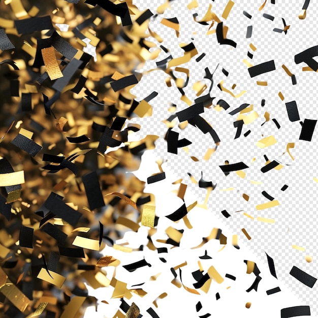 PSD black and gold confetti falling on white background