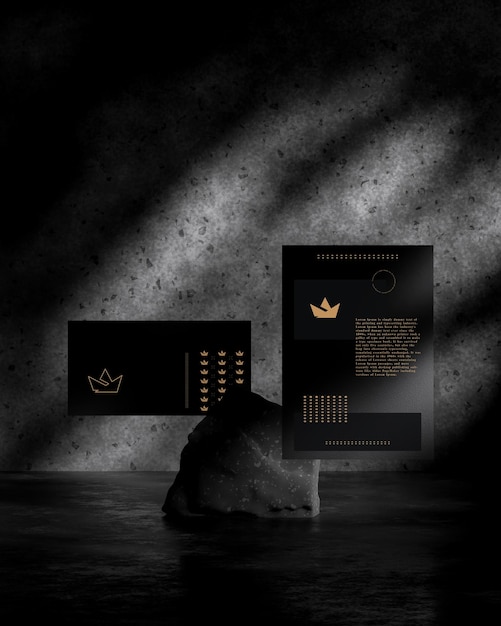 Black and gold envelope with a4 paper stationary mockup on black marble background 3d render