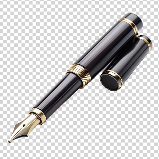 a black and gold fountain pen with gold writing on a transparent background