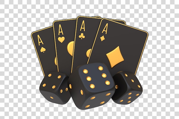 PSD black and gold playing cards with dice 3d render illustration