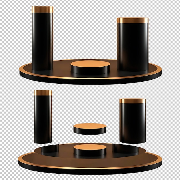 PSD black and gold podium display 3d high end cylindrical stage set with png isolated round pedestal