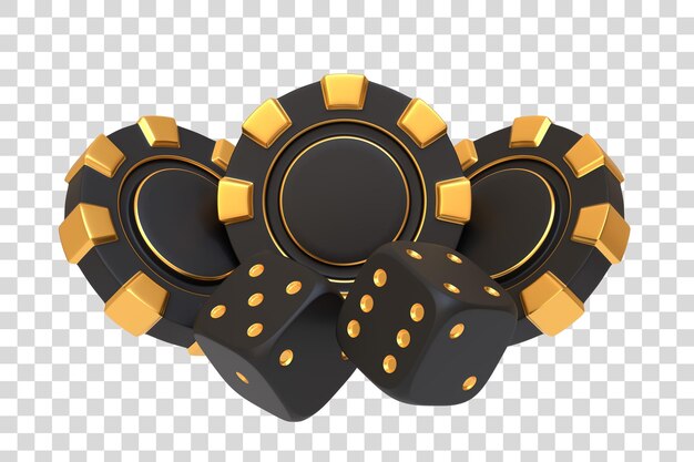 Black and gold poker chips with dice 3D render illustration