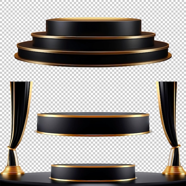 Black and Gold Round Pedestal with Elegant Curtains and Transparent Background