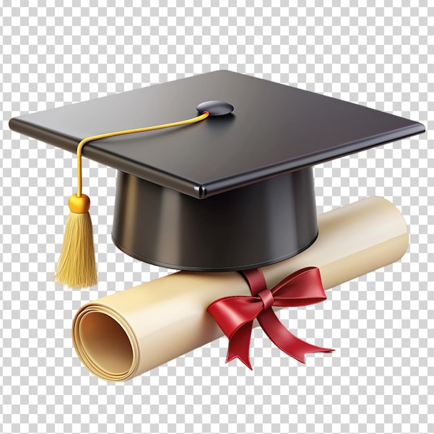 A black graduation cap with a red ribbon on transparent background