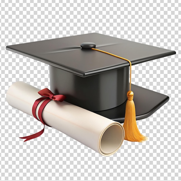 A black graduation cap with a red ribbon on transparent background