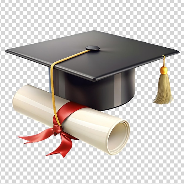 A black graduation cap with a red ribbon on transparent background