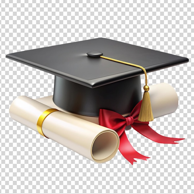 A black graduation cap with a red ribbon on transparent background