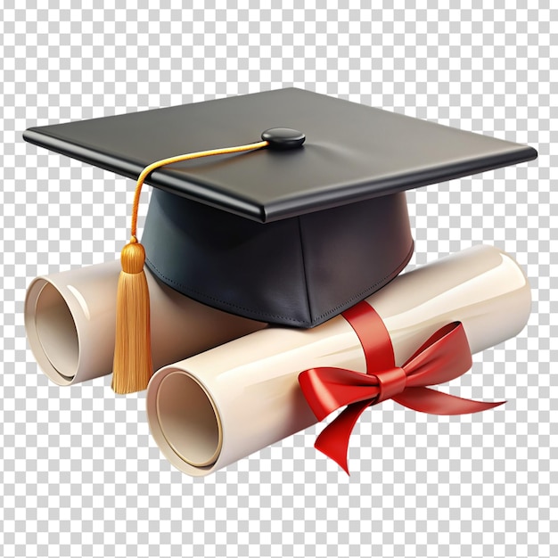 A black graduation cap with a red ribbon on transparent background