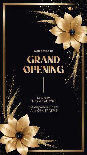 PSD black grand opening card with gold flower amp sparkle