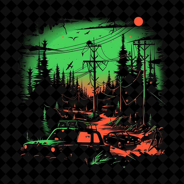 a black and green image of a forest with a car and a sign that says quot stop your car quot