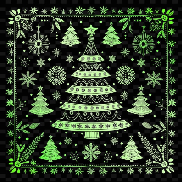 a black and green poster with a christmas tree and snowflakes