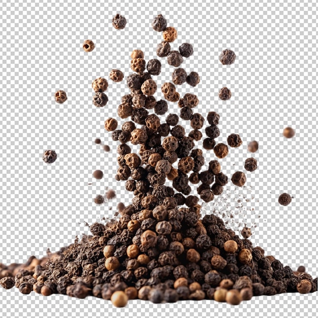 black ground pepper scattered spice flying on transparent background