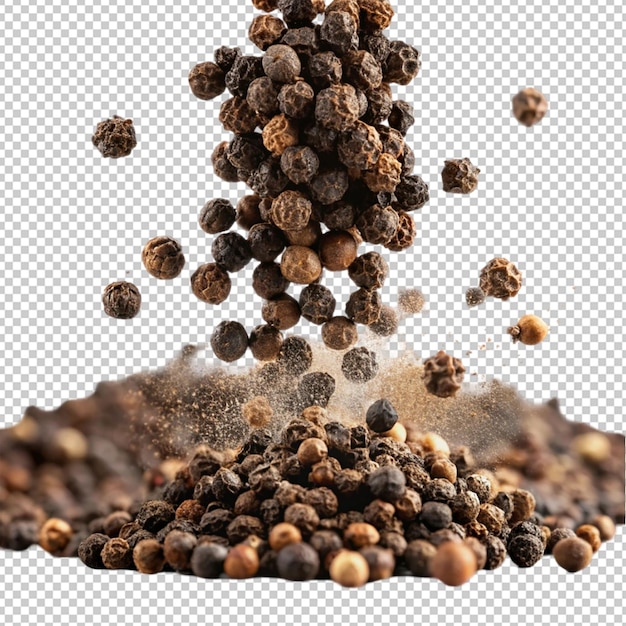 black ground pepper scattered spice flying on transparent background