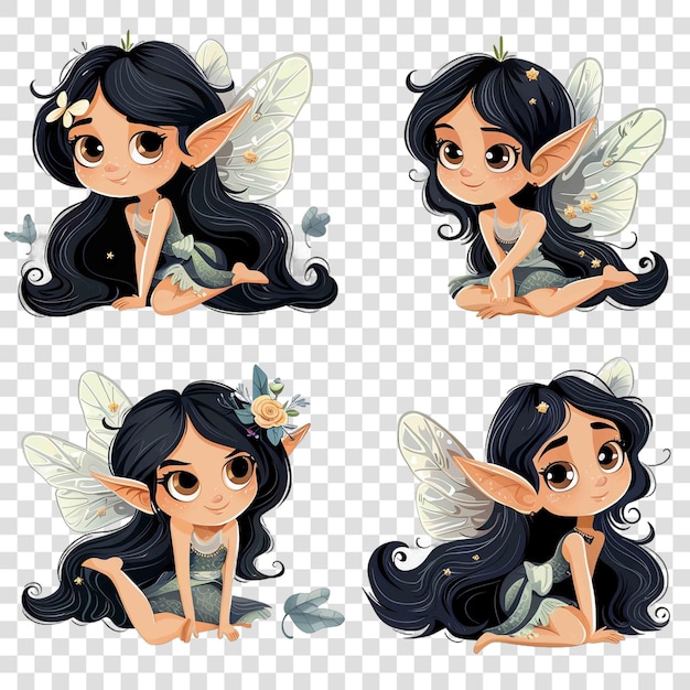 PSD black haired fairy with elf ears watercolor nurseryon transparent background