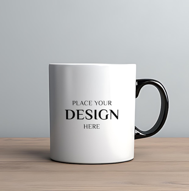 black handle white ceramic mug mockup on wodden table