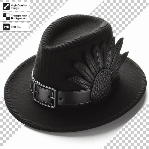 a black hat with a feather on the front and the word  hat  on it