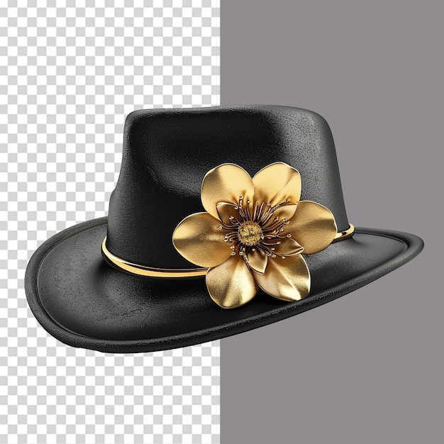 PSD a black hat with a gold flower png isolated on transparent background