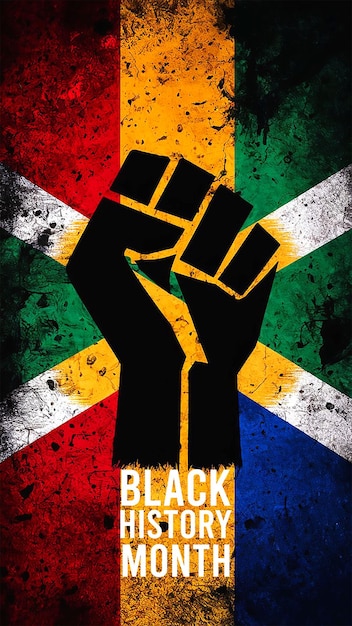 black history month poster with a black clenched fist in the middle of the circle