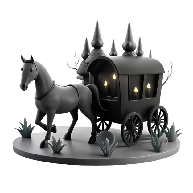 PSD a black horse statue with a carriage on it