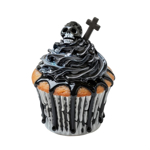 PSD black icing cupcake topped with skull and crossbones