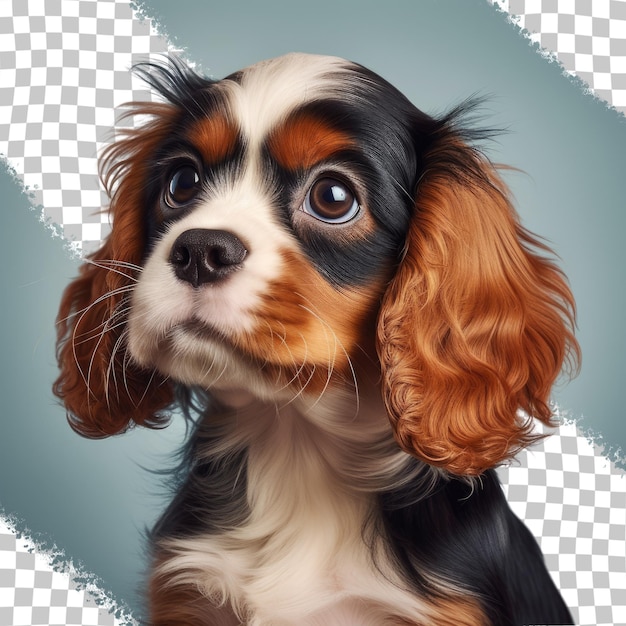 A black isolated puppy of Cavalier King Charles Spaniel age 5 months in closeup transparent background