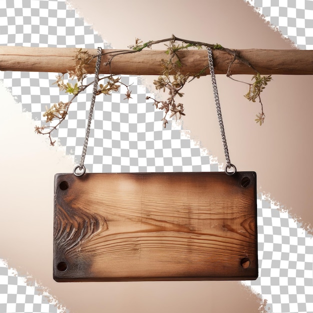 Black isolated sign hanging on chain with handmade ornament on dried wood transparent background