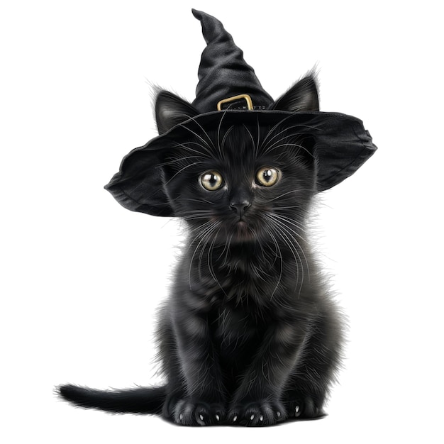 Black Kitten Dressed as a Witch with a Pointed Hat